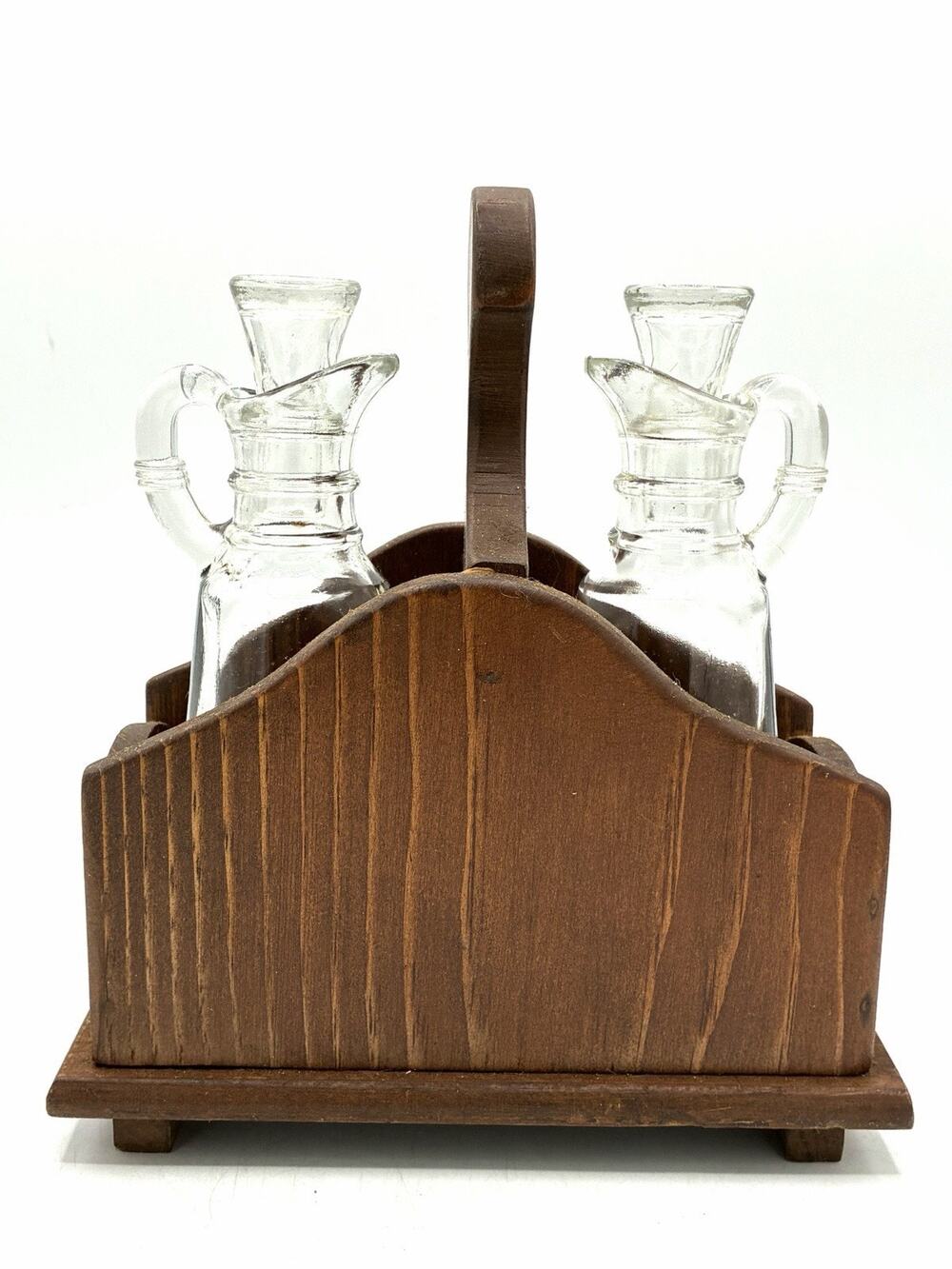 Vintage Pohlson Galleries Mellowpine Wood Cruet Set Glass Bottles Caddy RI